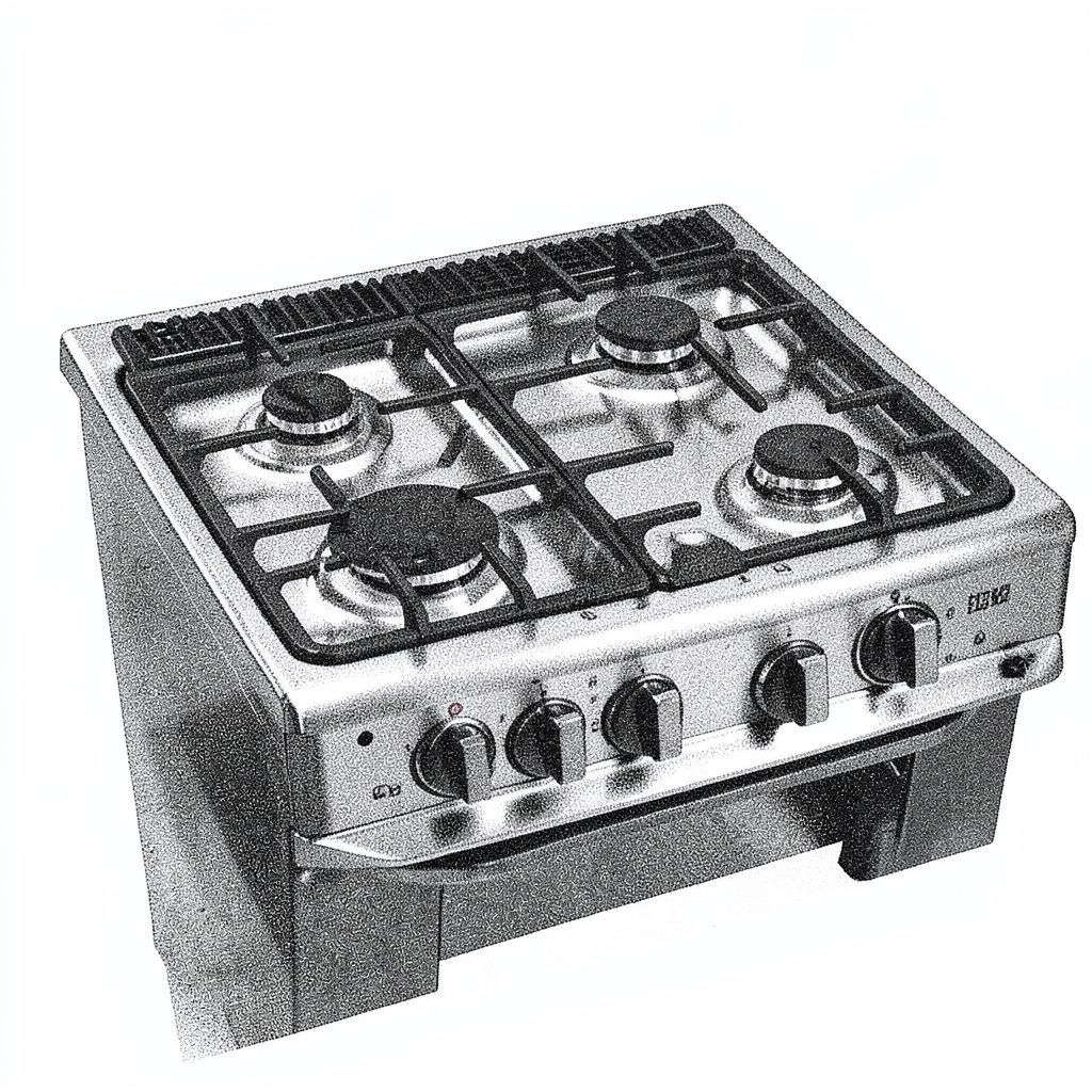 Two-ink risograph print in charcoal and pale steel showing the broad rectangular grates and burner caps of a built-in cooktop, with a clean industrial mood