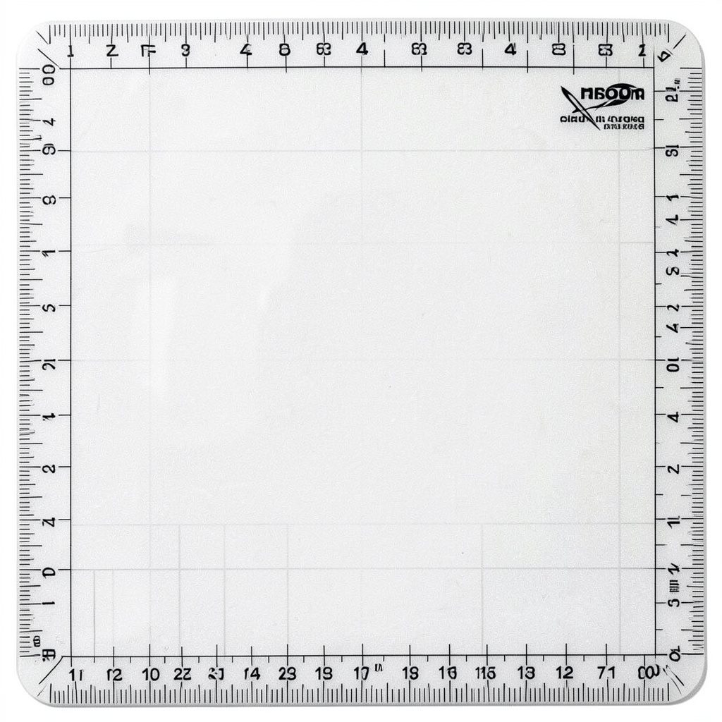 Two-ink risograph print in pale green and ink black showing a flat rectangular cutting mat with a printed measurement grid, in a tidy studio mood