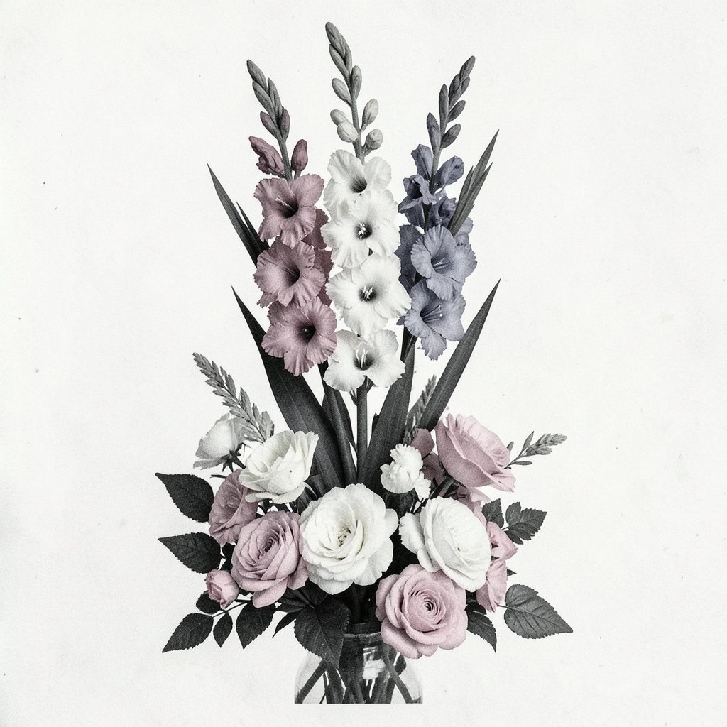 Two-ink risograph print in dusty rose and ink black depicting a loose arrangement of soft flower blooms, restrained and editorial in mood