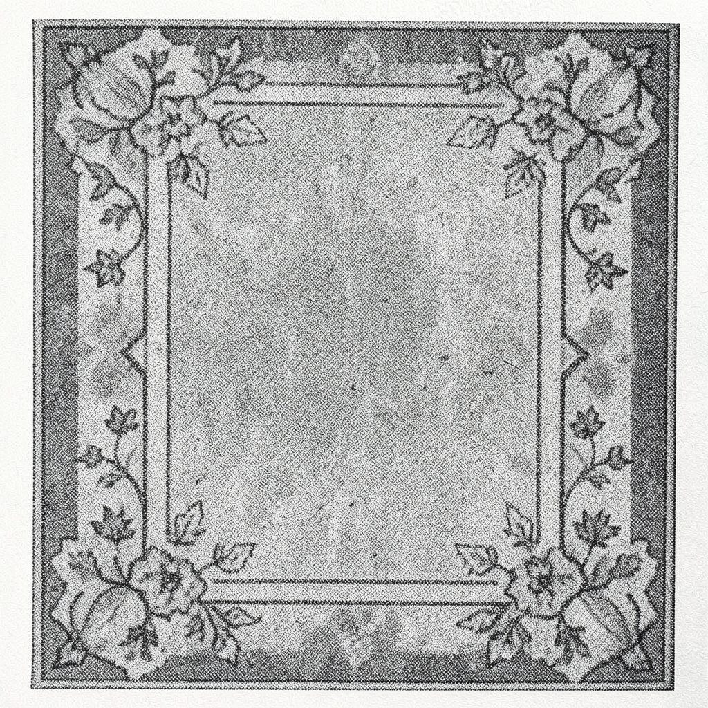 Two-ink risograph print in muted sage and cream showing the soft, woven texture of a plain rug, evoking a calm editorial mood