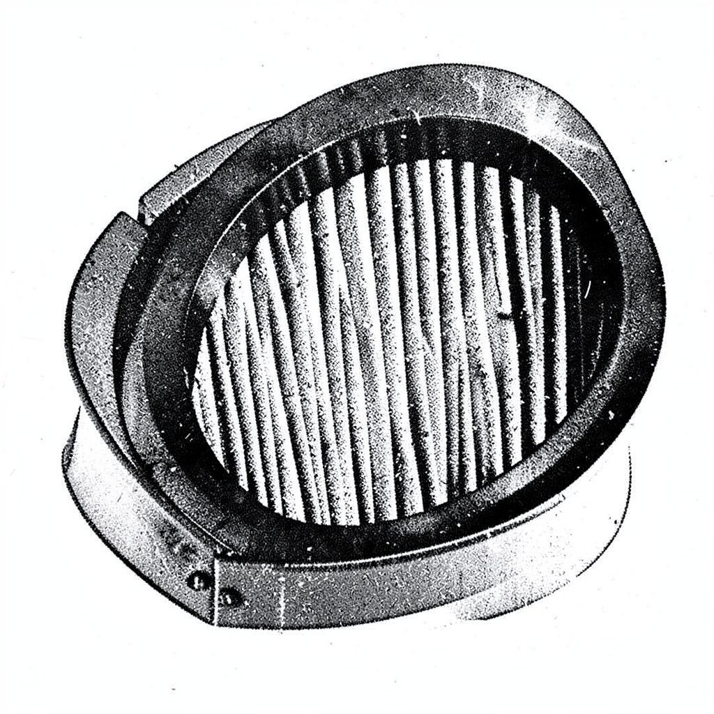 Two-ink risograph print in soft ochre and grey showing a circular pleated vacuum filter, in a clean workshop tone