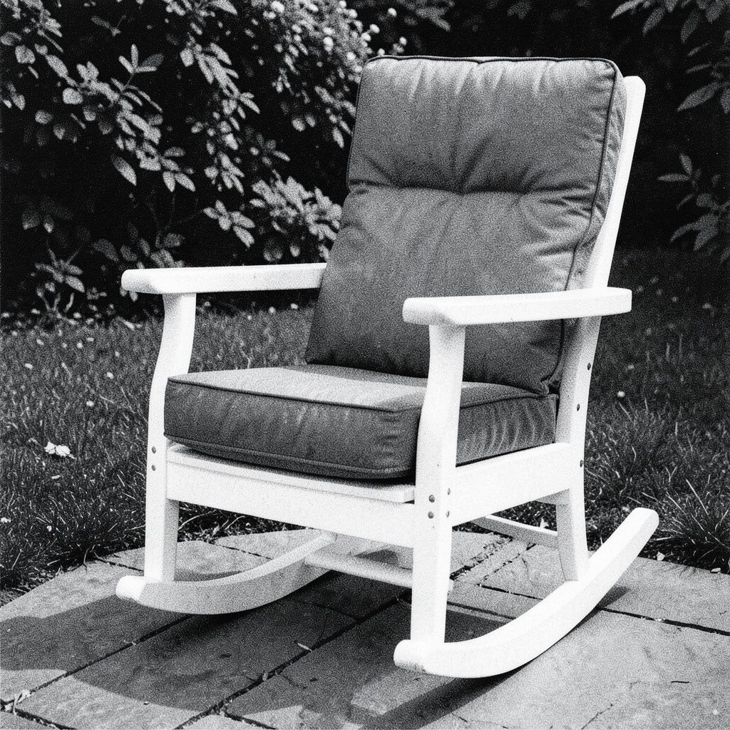 Two-ink risograph print in off-white and ink black depicting a simple wooden chair with a striped cushion, in a calm, restrained mood